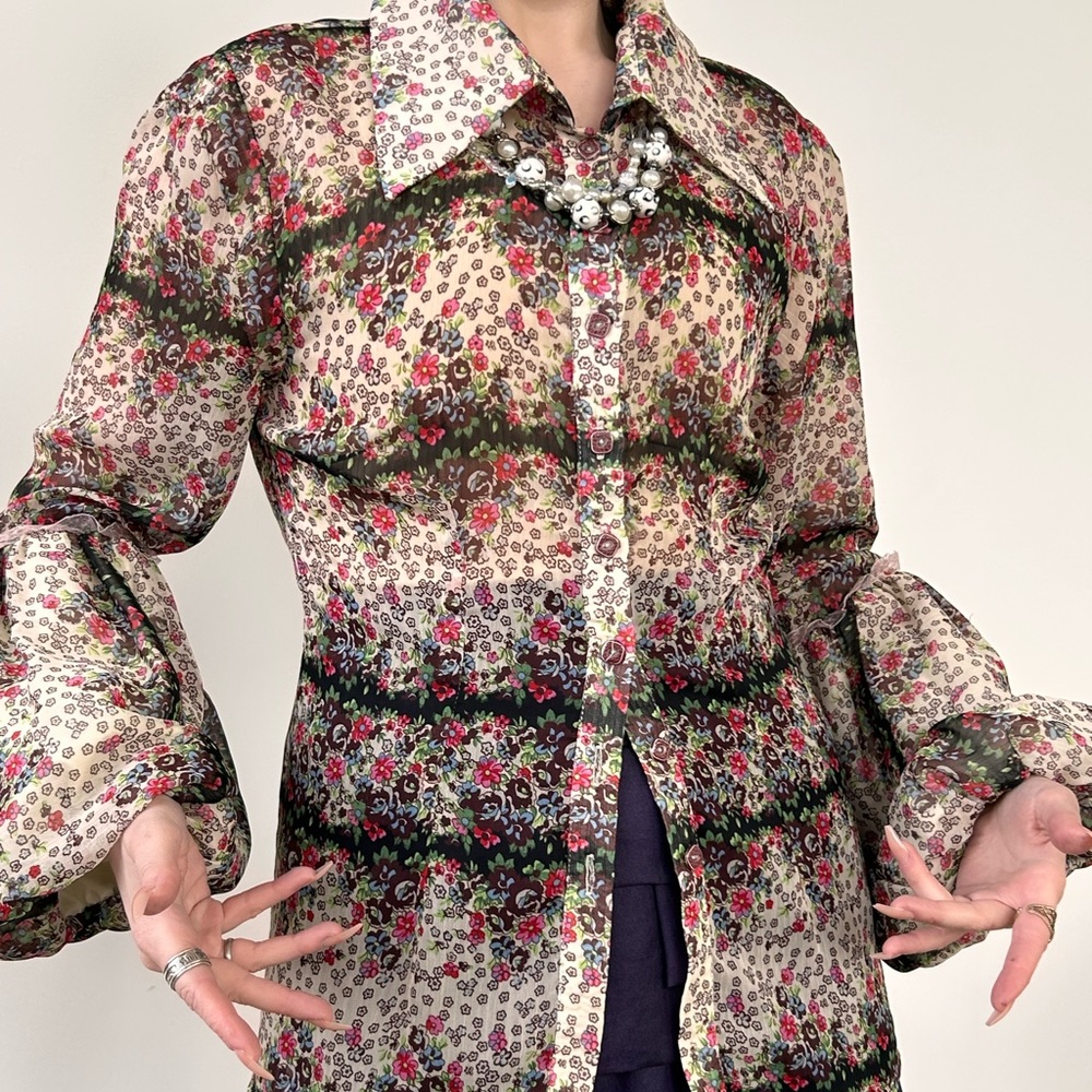 Vtg. 70s Ditsy Floral Bouffant Sleeve Button Up Blossom Print Blouse